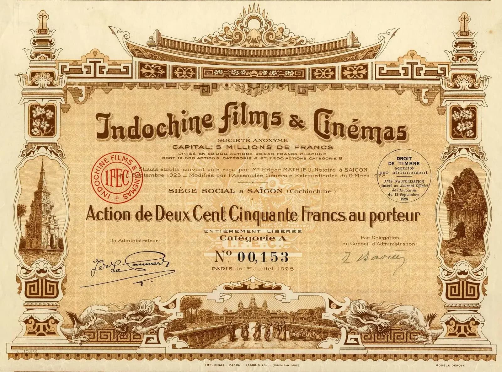 Cổ phiếu hãng Indochine Films & Cinémas năm 1928