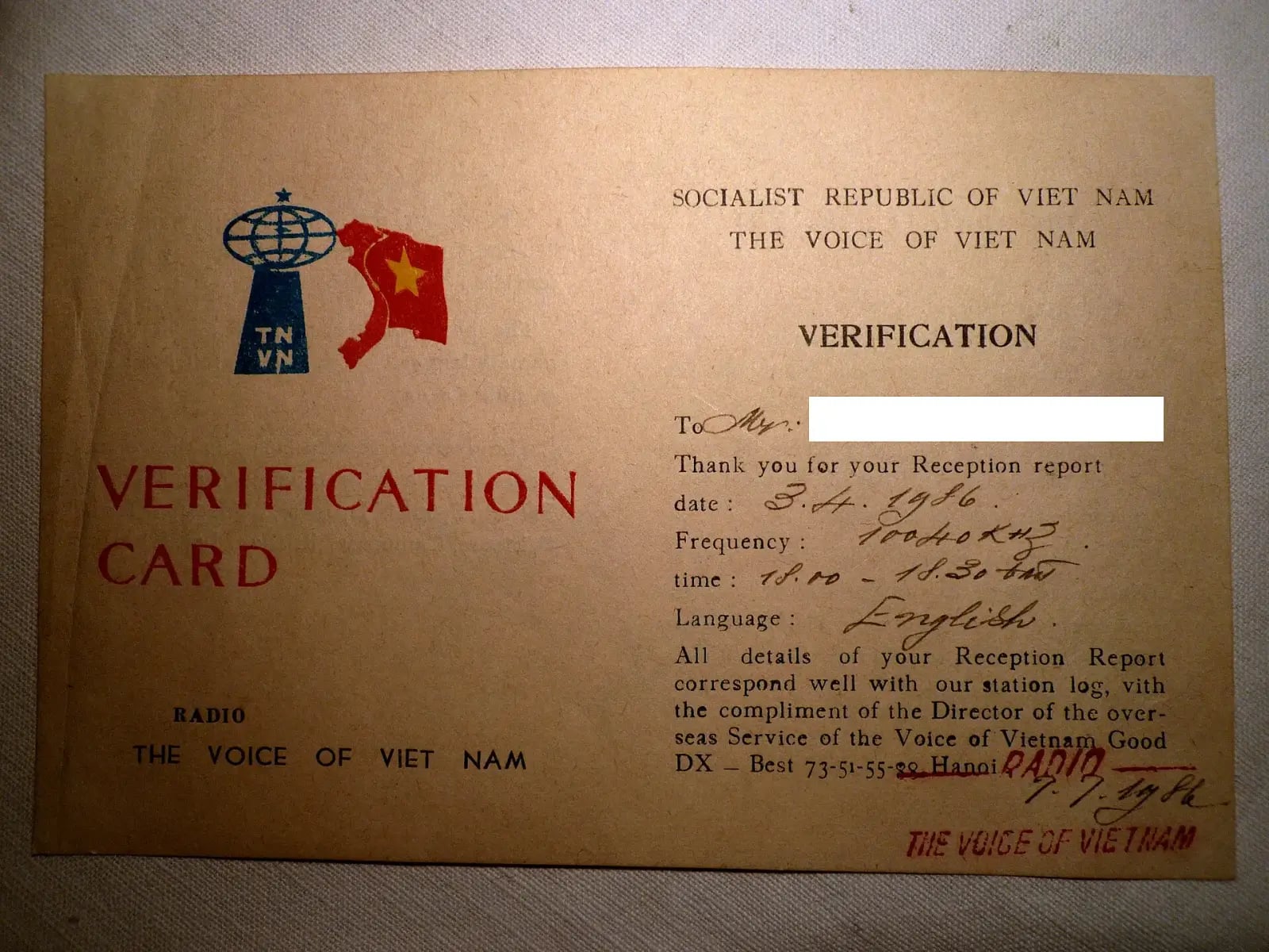 Thẻ xác nhận thu sóng của Đài Tiếng nói Việt Nam, thập niên 1970